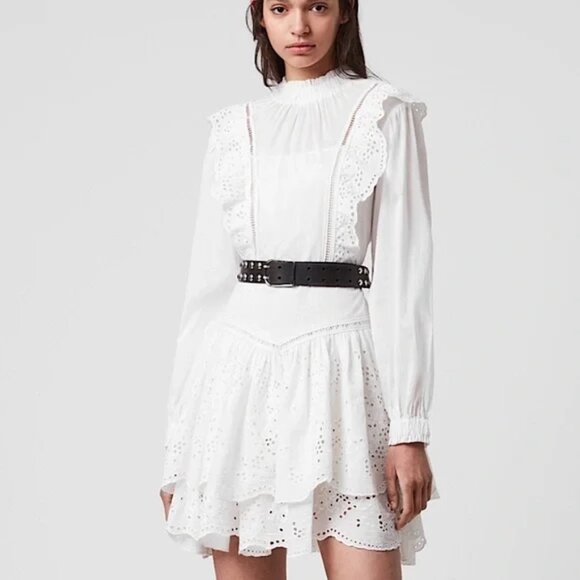 AllSaints Aislyn Broiderie White eyelet victorian cotton high neck mini Dress 8 - Picture 1 of 7